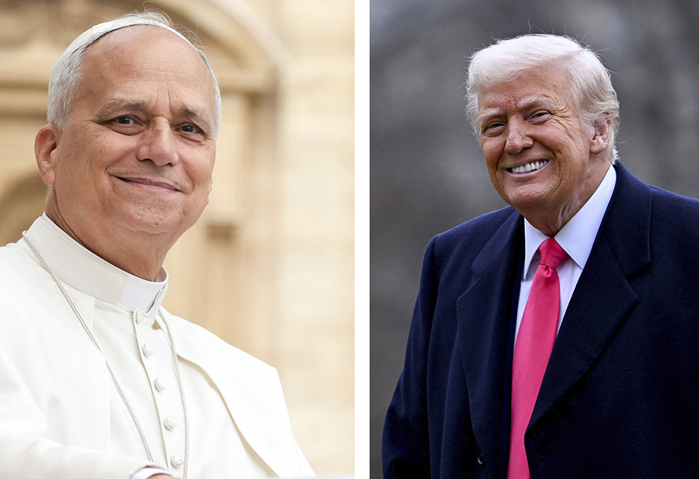 A combination photo shows Pope Leo XIV smiling as he greets visitors and pilgrims in St. Peter's Square at the Vatican Sept. 10, 2025, and U.S. President Donald Trump smiling after arriving at the White House Feb. 22, 2025. (OSV News photos/CNS/Lola Gomez; Reuters/Craig Hudson)