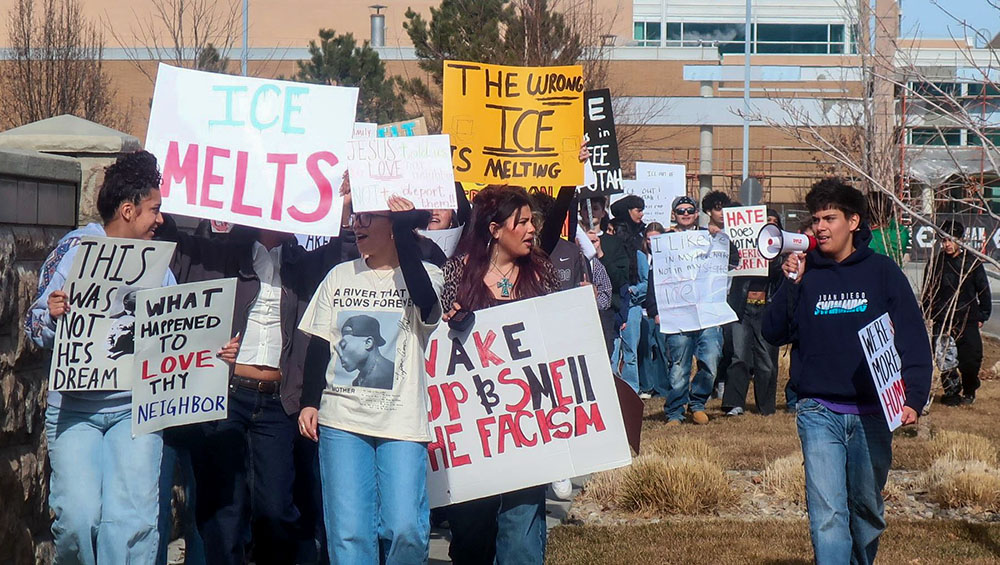 Students at Juan Diego Catholic High School in Draper, Utah, conduct a walkout in support of the immigrant community and to protest against U.S. Immigration and Customs Enforcement and the U.S. Department of Homeland Security just after noon on Feb. 3, 2026. (OSV News/Intermountain Catholic/Linda Petersen)