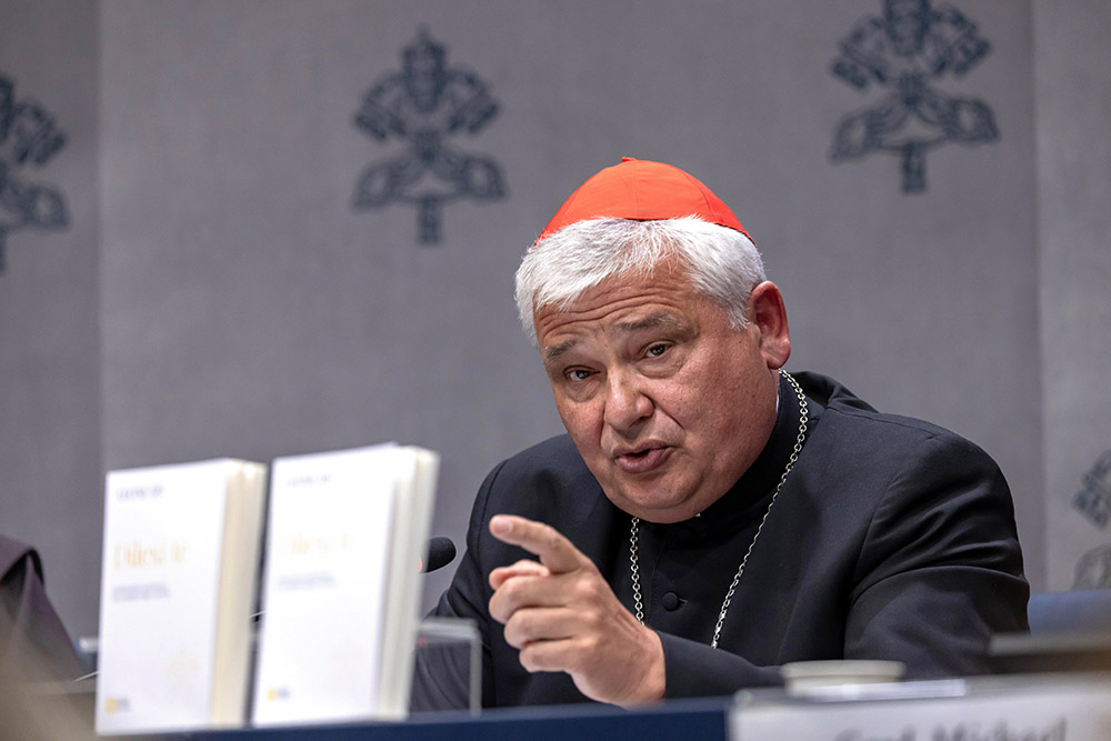 Cardinal Konrad Krajewski, prefect of the Dicastery for the Service of Charity, speaks at a Vatican news conference Oct. 9, 2025. (CNS/Pablo Esparza)