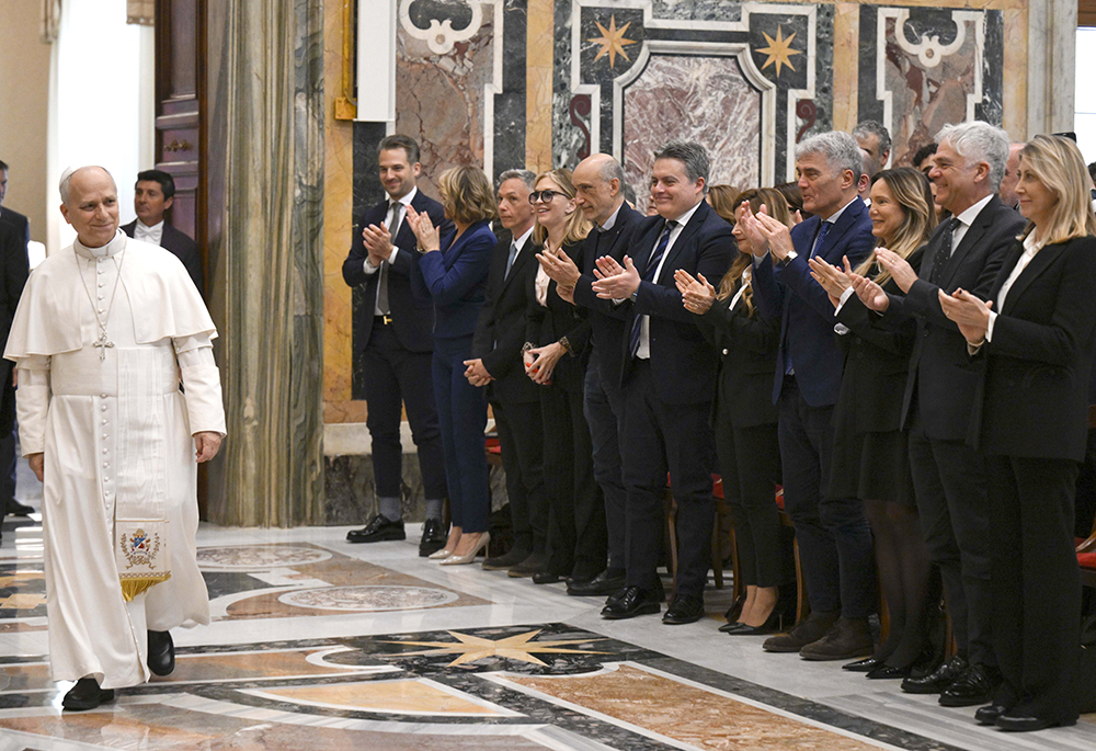 Pope Leo XVI arrives for an audience March 16, 2026, with broadcast journalists who produce the TG2 news programs for the Italian state-owned television channel, Rai 2, in the Clementine Hall of the Apostolic Palace at the Vatican. (OSV News/Vatican Media/Elisabetta Trevisan)