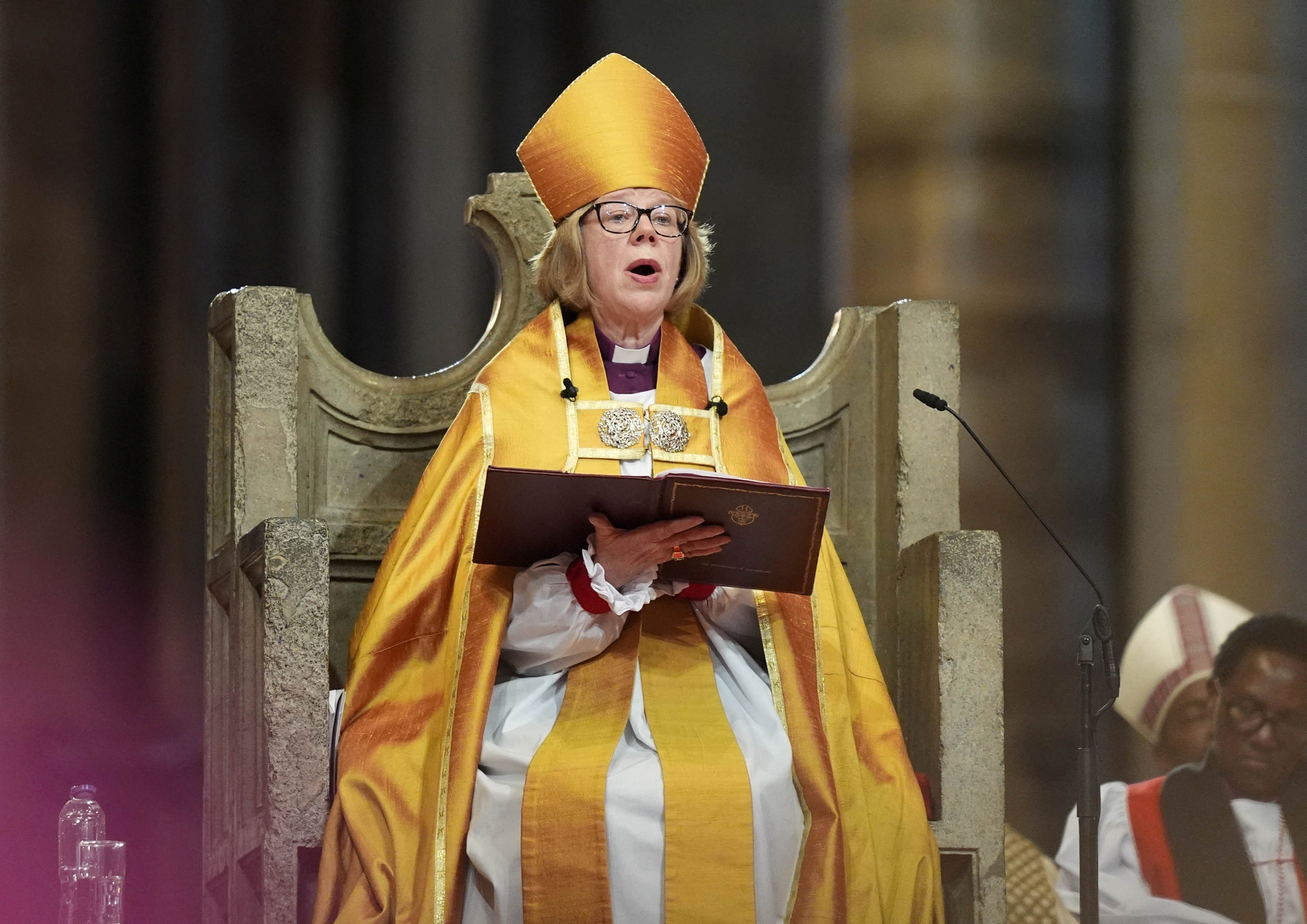 Anglican Archbishop Sarah Mullally of Canterbury speaks during her installation at England's Canterbury Cathedral March 25, 2026, as the 106th archbishop of Canterbury and the first woman to lead the Church of England in its 1,400-year history. Pope Leo XIV issued a message to Archbishop Mullally March 26, offering his prayers, adding, "I firmly believe that we need to continue to dialogue in truth and love." (OSV News photo/Jordan Pettitt, Pool via Reuters)