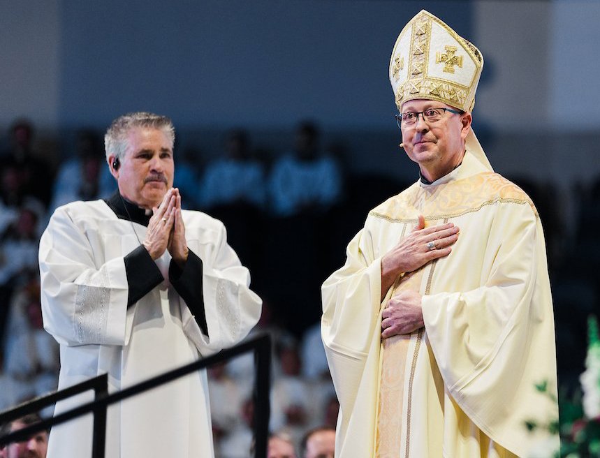 Denver Archbishop James R. Golka reacts during his installation Mass in CoBank Arena at the National Western Complex in Denver March 25, 2026. Archbishop Golka was previously bishop of Colorado Springs, and in Denver he succeeds Archbishop Samuel J. Aquila. (OSV News photo/Grant Whitty, Denver Catholic)