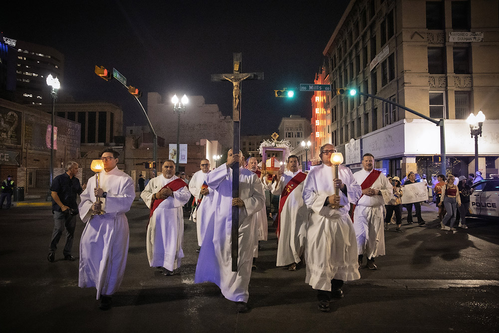 Deacons carry relics of St. Óscar Romero through the streets of downtown El Paso, Texas, during a procession and vigil March 24, 2026, against mass deportations and the immigration policies of the Trump administration. (OSV News/Courtesy of El Paso Diocese/Fernando Ceniceros)