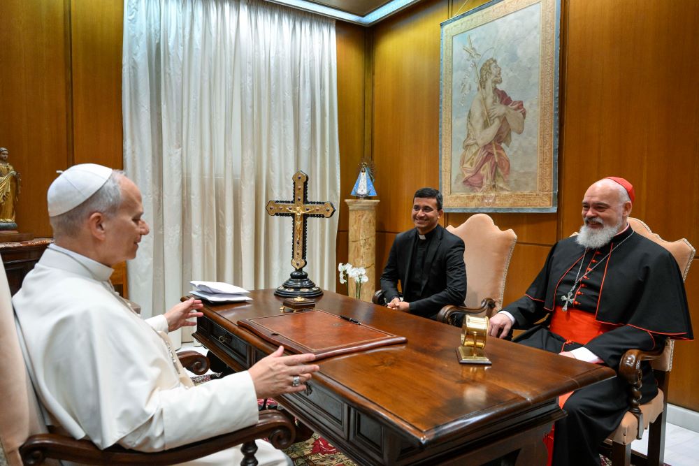 Pope Leo XIV speaks with Cardinal Dominique Mathieu of Tehran-Ispahan, Iran, during a private meeting at the Vatican March 11. (OSV News/Vatican Media/Simone Risoluti)