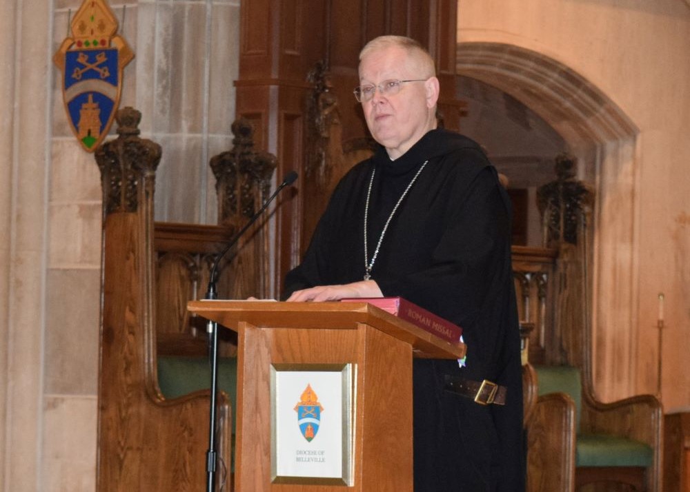 Bishop-designate Godfrey Mullen speaks during a news conference at the Cathedral of St. Peter in Belleville, Ill., March 13 after Pope Leo XIV appointed him as bishop of Belleville. Mullen is a Benedictine monk. (OSV News photo/Courtesy The Messenger/David Wilhelm)