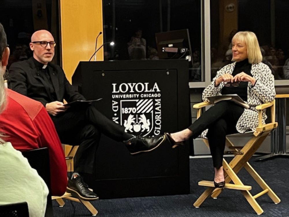 Kristin Grady Gilger and Jesuit Fr. Patrick Gilger speak at the book launch for Gilger's book, "My Son, the Priest," at Loyola University Chicago. The book concludes with an epilogue by Patrick. (Courtesy of Gilger family)