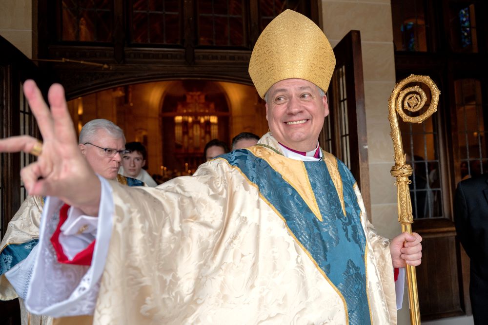 Bishop John Bonnici gives a sign of peace during his installation Mass as the 10th bishop of Rochester, N.Y., at Sacred Heart Cathedral in Rochester March 19, 2026. He was previously an auxiliary bishop in New York. (OSV News/Jeff Witherow, Catholic Courier)