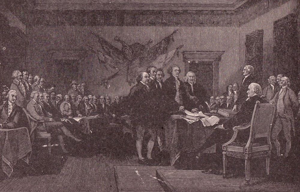 Illustration of the signing of the Declaration of Independence from "A History of the United States" by Wilbur F. Gordy, copyright 1920 by Charles Scribner's Sons of New York (Wikimedia Commons/CC BY 2.0)