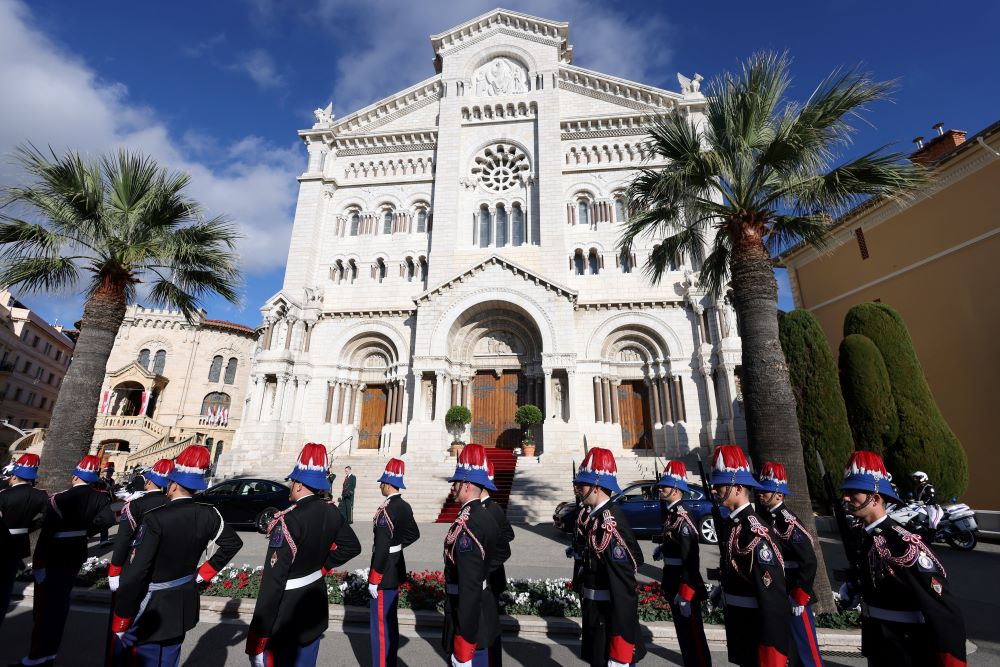 Carabiniers of Prince Albert II of Monaco stand in front of the Cathedral of Our Lady Immaculate Nov. 19, 2023, during the celebrations marking Monaco's National Day. (OSV News/Reuters/Claudia Greco)