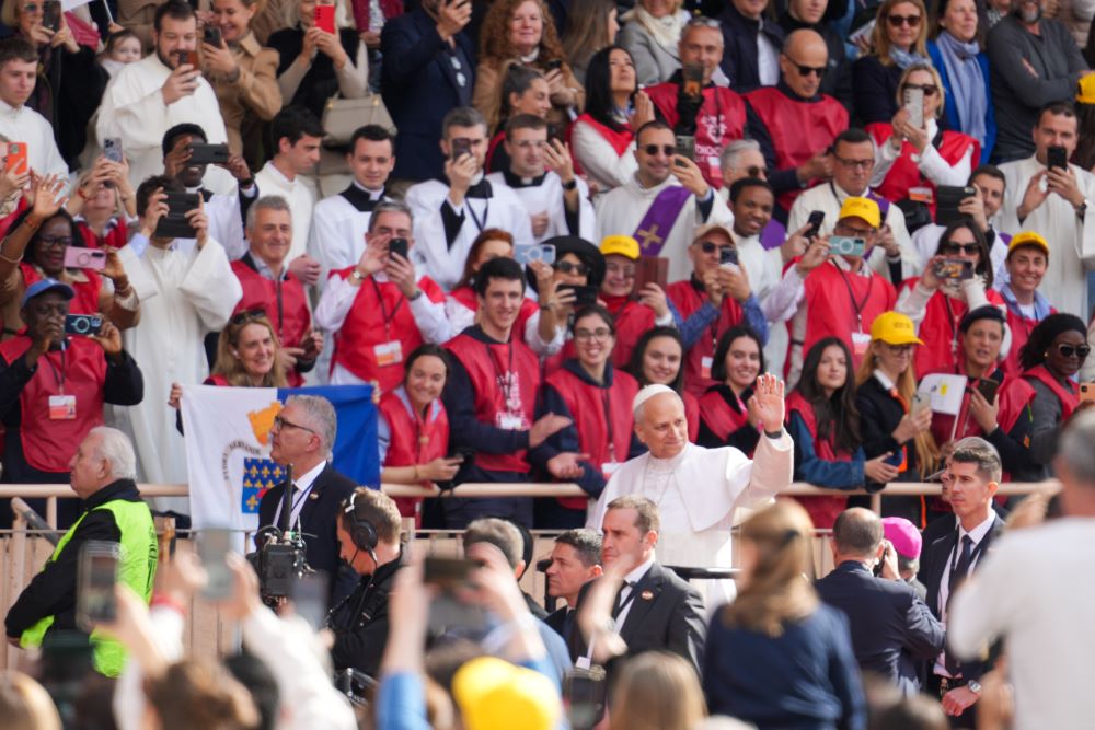 Pope Leo XIV arrives at Louis II Stadium in Monte Carlo, Monaco, March 28, 2026, during his second apostolic journey. The multi-sport stadium in the Fontvieille district was completed in 1985 and seats 18,523 people. (CNS/Lola Gomez)