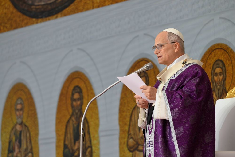 Pope Leo XIV speaks at Mass at Louis II Stadium March 28 in Monte Carlo, Monaco. The day trip marks the pope's second apostolic journey and the first papal visit to the Catholic principality of Monaco in the modern era. (OSV News/Vatican Media/Simone Risoluti)