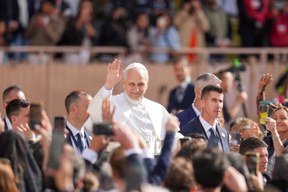 Pope Leo XIV arrives at Louis II Stadium in Monte Carlo, Monaco, March 28, during his second apostolic journey. The multisport stadium in the Fontvieille district was completed in 1985 and seats 18,523 people. (CNS/Lola Gomez)