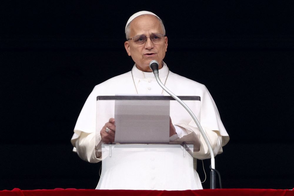 Pope Leo XIV leads the Angelus prayer from the window of the Apostolic Palace at the Vatican, March 1, 2026. (OSV News/Reuters/Guglielmo Mangiapane)