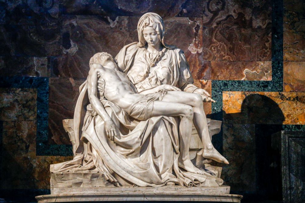 Michelangelo's Pietà is displayed in St. Peter's Basilica at the Vatican May 30, 2023. The  sculpture, carved in 1498 when Michelangelo was 23, was commissioned by the French Cardinal Jean de Bilhères Lagraulas for his tomb in a chapel in Saint Peter's. (CNS/Lola Gomez)