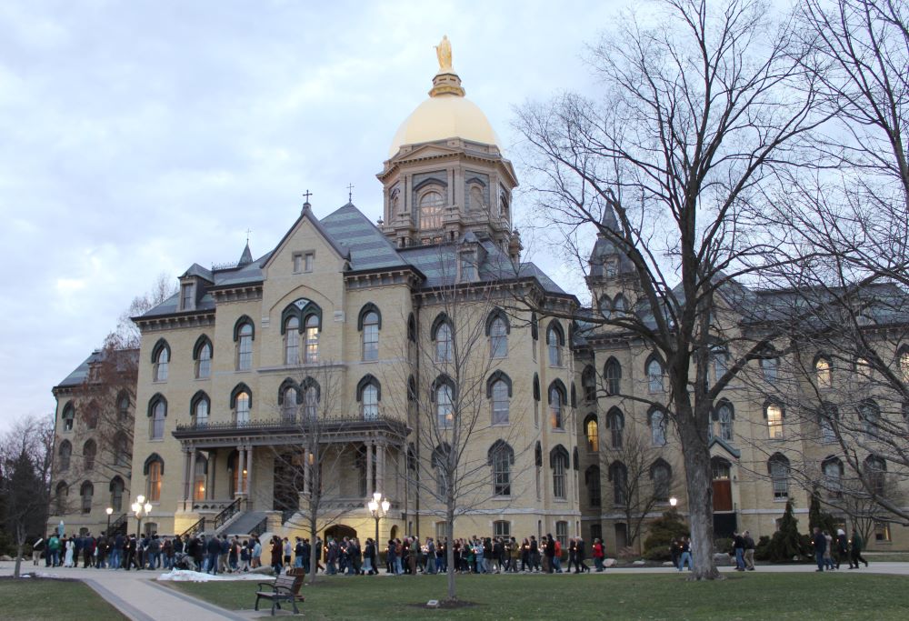 Student leaders and others from groups across campus take part in the "March on the Dome," at the University of Notre Dame in South Bend, Ind., Feb. 27. The march was in response to the appointment of professor Susan Ostermann to one of its institutes. Ostermann, who was criticized for publications that supported abortion rights, withdrew from the appointment after criticism. (OSV News/James Whitaker)