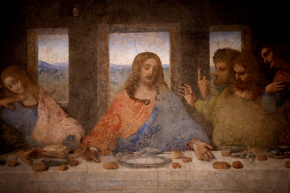 A detail of Leonardo da Vinci's "Last Supper," dating to 1495-1498 and preserved at the ex-Renaissance refectory of the convent adjacent to the sanctuary of Santa Maria delle Grazie church, in Milan, Italy, Aug.4, 2019. (AP/Luca Bruno)
