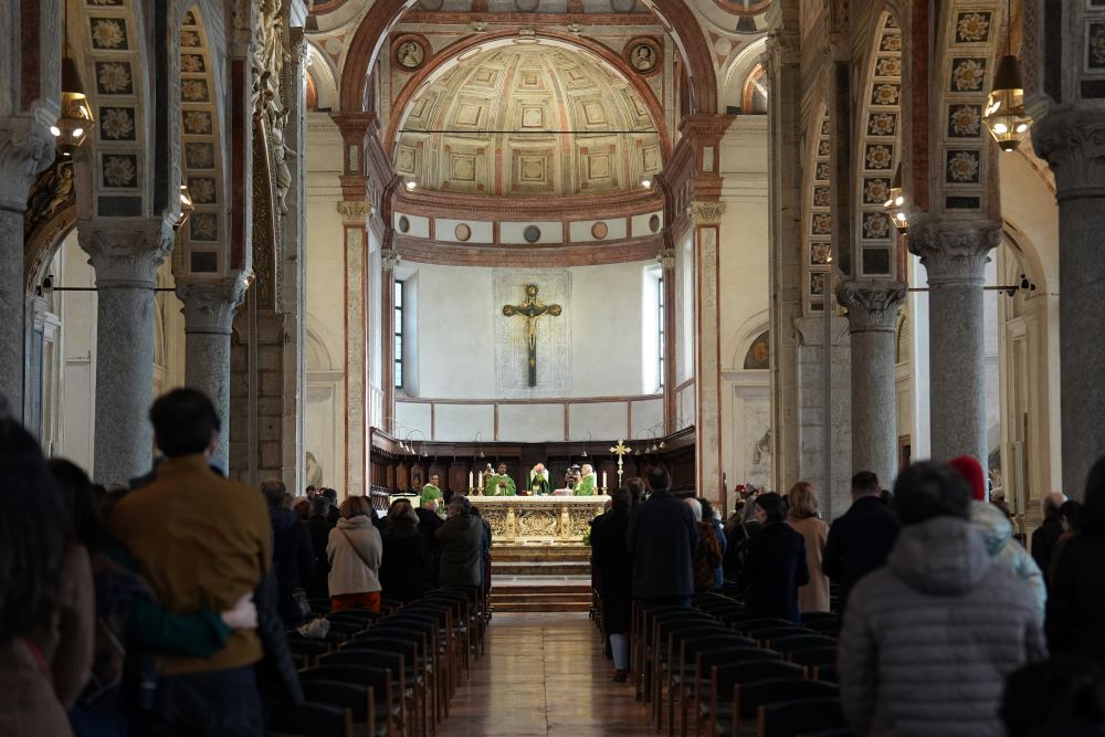 Worshippers attend Mass at the Basilica of Santa Maria delle Grazie, best known as the home of Leonardo da Vinci's "The Last Supper," in Milan, Italy, Feb. 15, 2026. (AP/María Teresa Hernández)