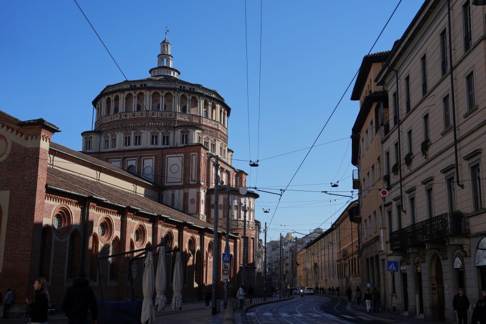The Basilica of Santa Maria delle Grazie, best known as the home of Leonardo da Vinci's "The Last Supper," sits in Milan, Italy, Feb. 15, 2026. (AP/María Teresa Hernández)