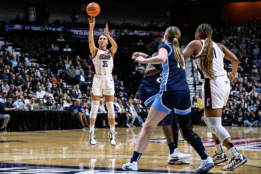 UConn guard Azzi Fudd shoots during the first half of an NCAA college basketball game against Villanova in the finals of the Big East tournament March 9, 2026, in Uncasville, Conn. (AP/Jessica Hill)