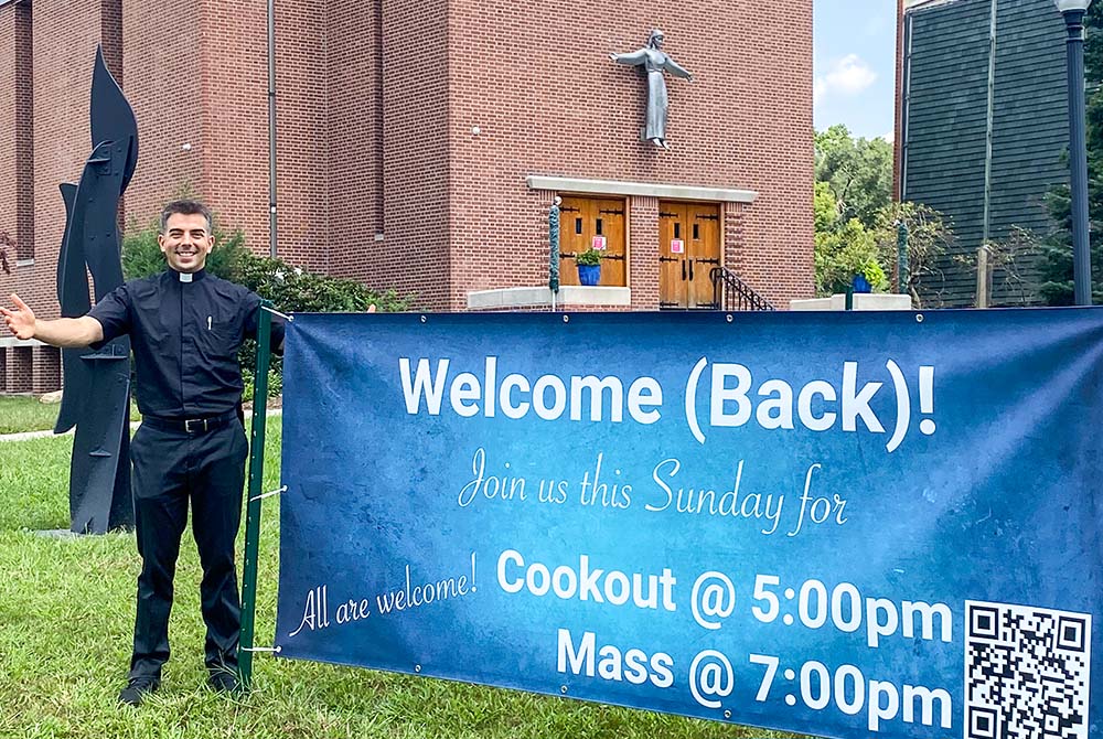 Fr. Jonathan Ficara, then pastor and campus minister at the University of Connecticut, welcomes students back to campus in 2021. (Courtesy of Jonathan Ficara)