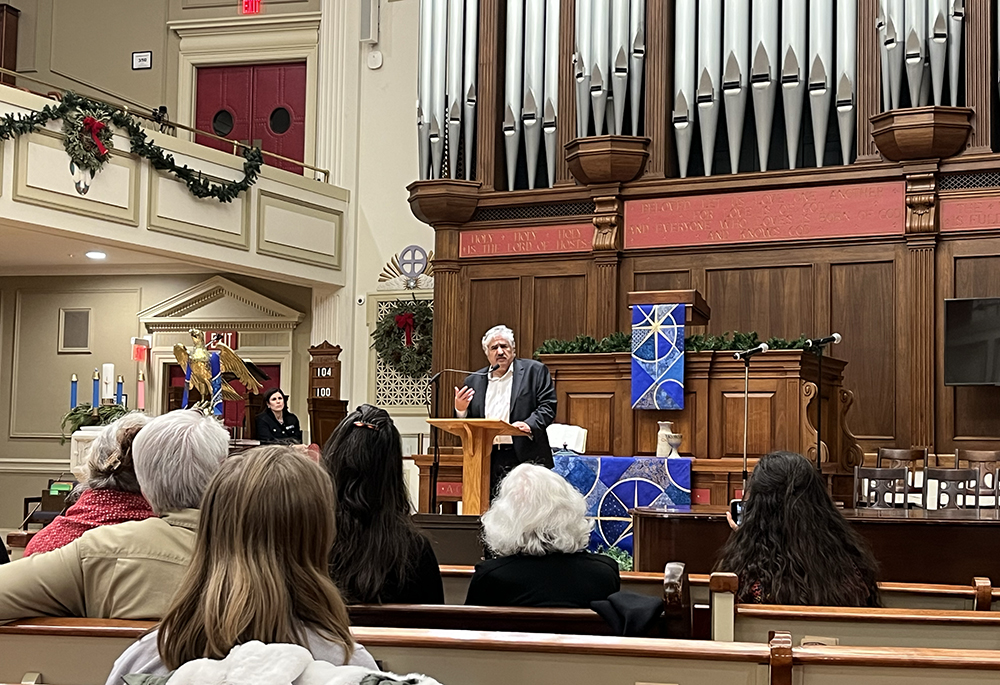 Jonathan Kuttab, a Palestinian Christian and human rights lawyer, speaks at a ceasefire service at New York Avenue Presbyterian Church in Washington, D.C., on Dec. 11, 2023. (NCR photo/Aleja Hertzler-McCain)