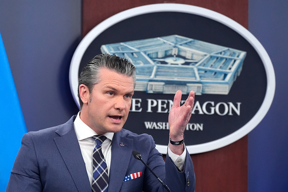 Defense Secretary Pete Hegseth speaks to members of the media during a press briefing at the Pentagon in Washington, March 19, 2026. (AP Photo/Manuel Balce Ceneta)