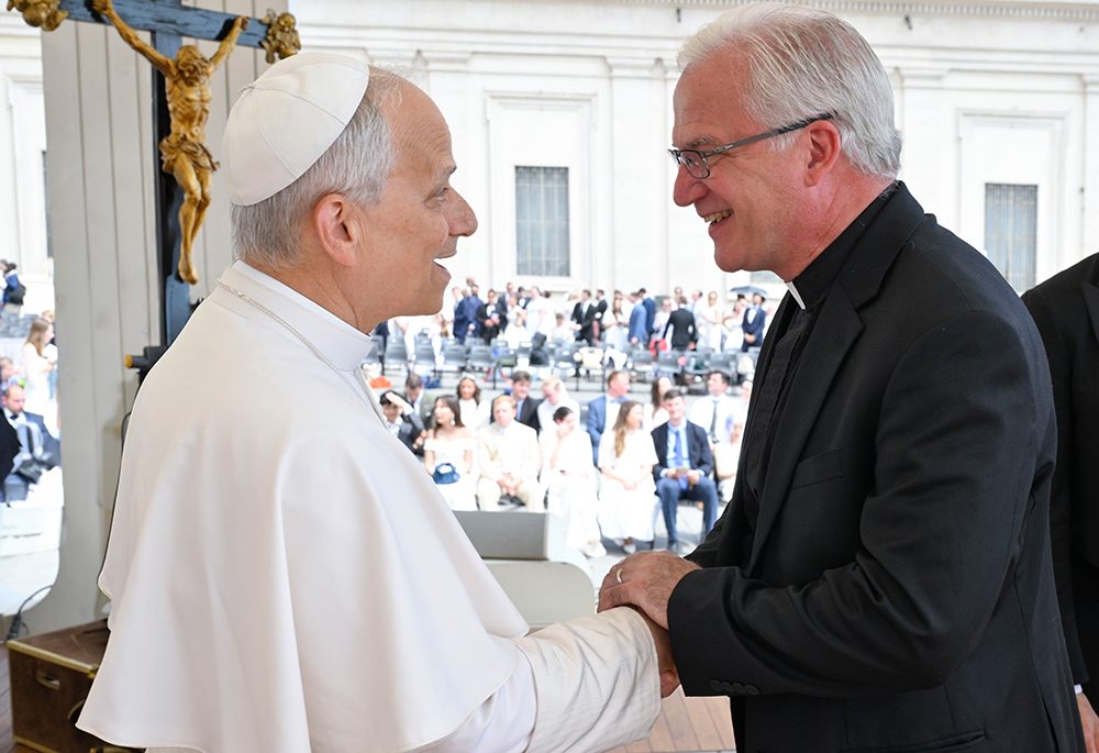 Holy Cross Fr. Daniel Groody, vice president and an associate provost for undergraduate education at the University of Notre Dame, meeting Pope Leo XIV at the Vatican, in July 2025 (Courtesy of Vatican Media)