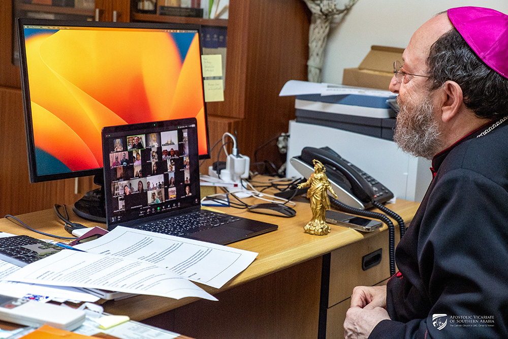 Bishop Paolo Martinelli, apostolic vicar of Southern Arabia, leads a virtual rosary with local faithful on March 6, 2026. (Courtesy of Apostolic Vicariate of Southern Arabia)