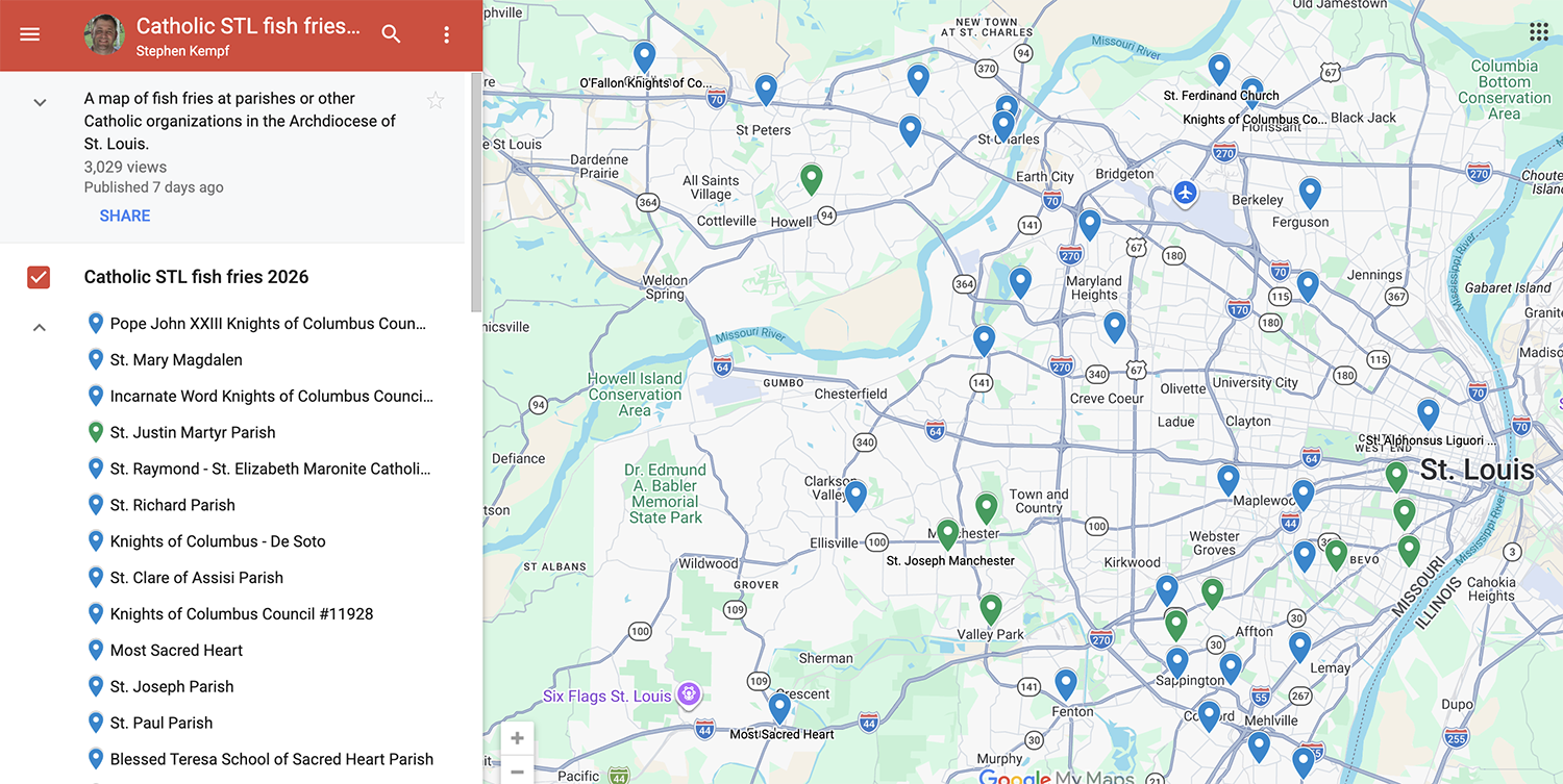 A map created by the St. Louis Archdiocese displays 53 parishes hosting fish fries during the 2026 Lenten season. Parishes marked with a green icon received a grant from the archdiocesan Laudato Si' Commission to reduce waste at the Friday meatless meals. (NCR screenshot)