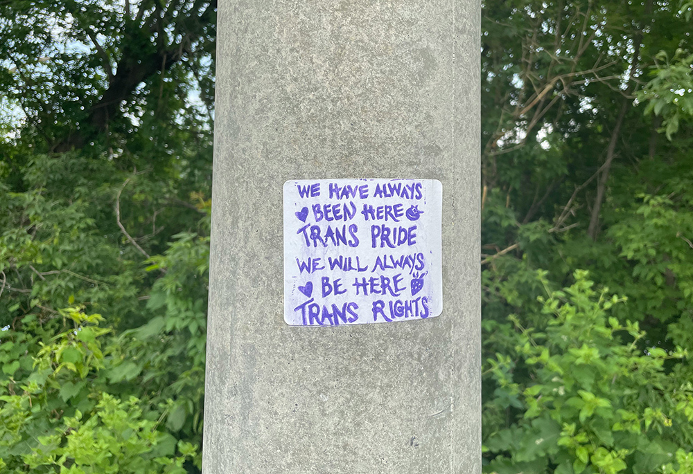 A sticker posted on a pole in an outdoor setting reads, "We have always been here, Trans pride, we will always be here, trans rights." (Unsplash/charliewarl)