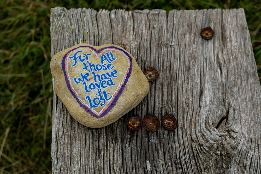 A rock with "For all those we have lost and lost" painted on it. The rock is sitting on a wooden bench. (Unsplash/Nick Fewings)