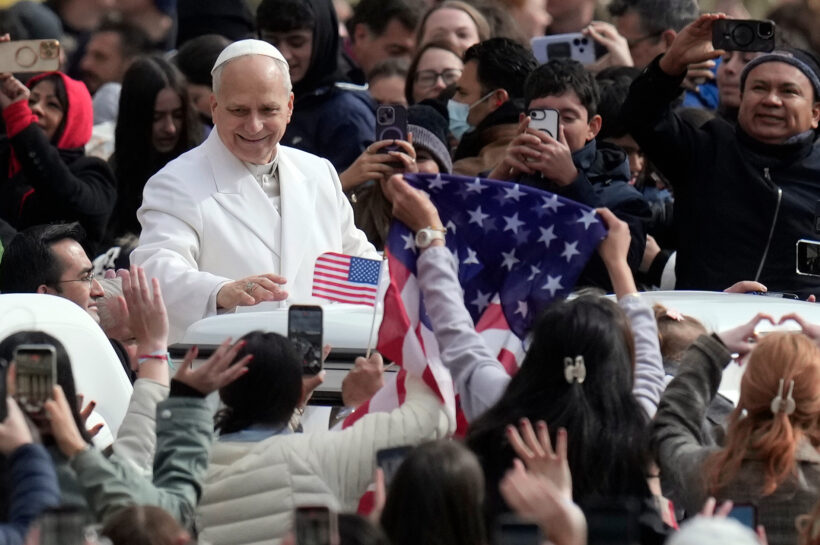 Pope Leo XIV arrives for his weekly general audience in St. Peter’s Square at the Vatican, April 1, 2026. 