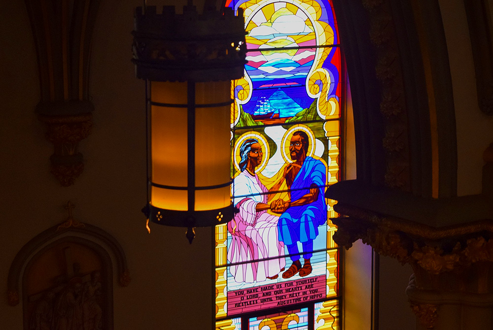 A stained-glass window depicts St. Augustine and his mother, St. Monica, at St. Augustine Church in Washington, D.C. (CNS/Elizabeth Bachmann)