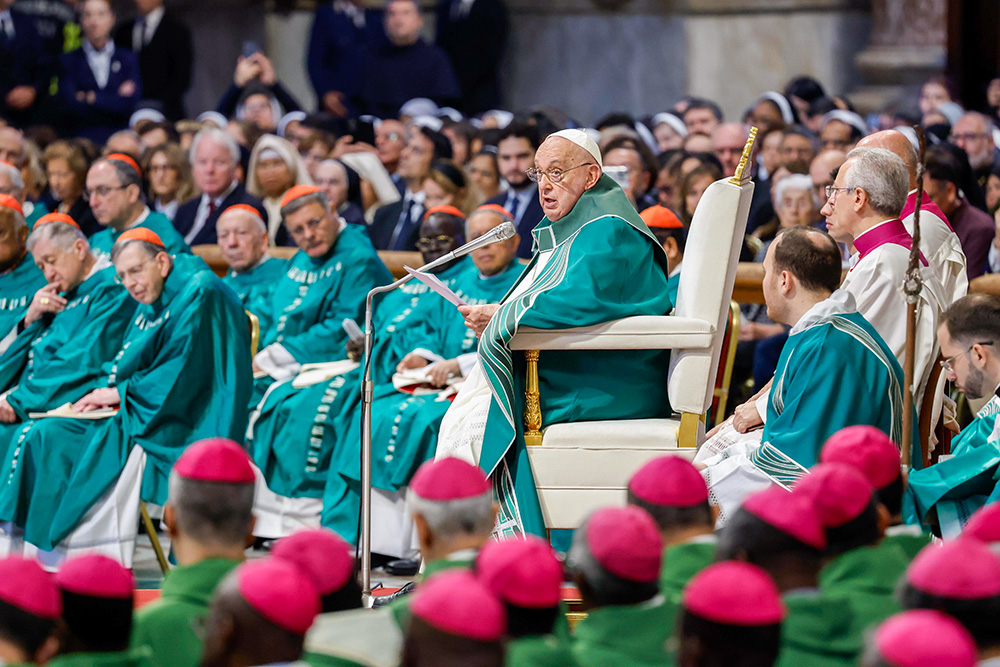 Pope Francis delivers his homily during the closing Mass of the Synod of Bishops on synodality in St. Peter's Basilica at the Vatican Oct. 27, 2024. (CNS/Lola Gomez)