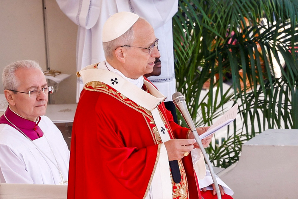 Pope Leo XIV delivers a homily during the Palm Sunday Mass in St. Peter's Square at the Vatican, March 29, 2026. (OSV News/Remo Casilli, pool via Reuters)