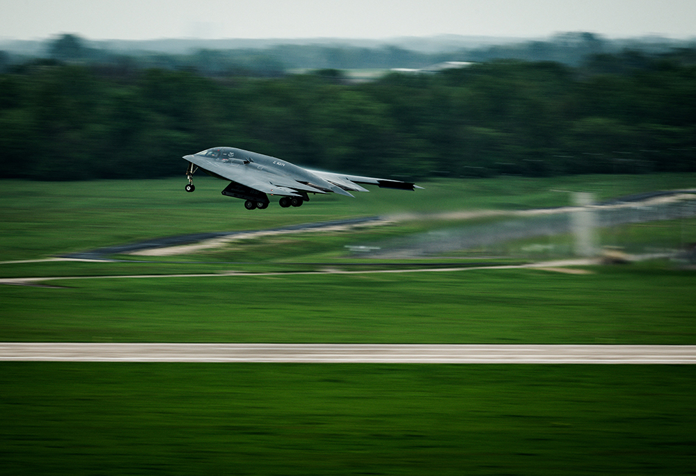 A B-2 Spirit stealth bomber takes off at Whiteman Air Force Base, Missouri, April 30, 2025. (OSV News/U.S. Air Force/Staff Sgt. Joshua Hastings/Handout via Reuters)