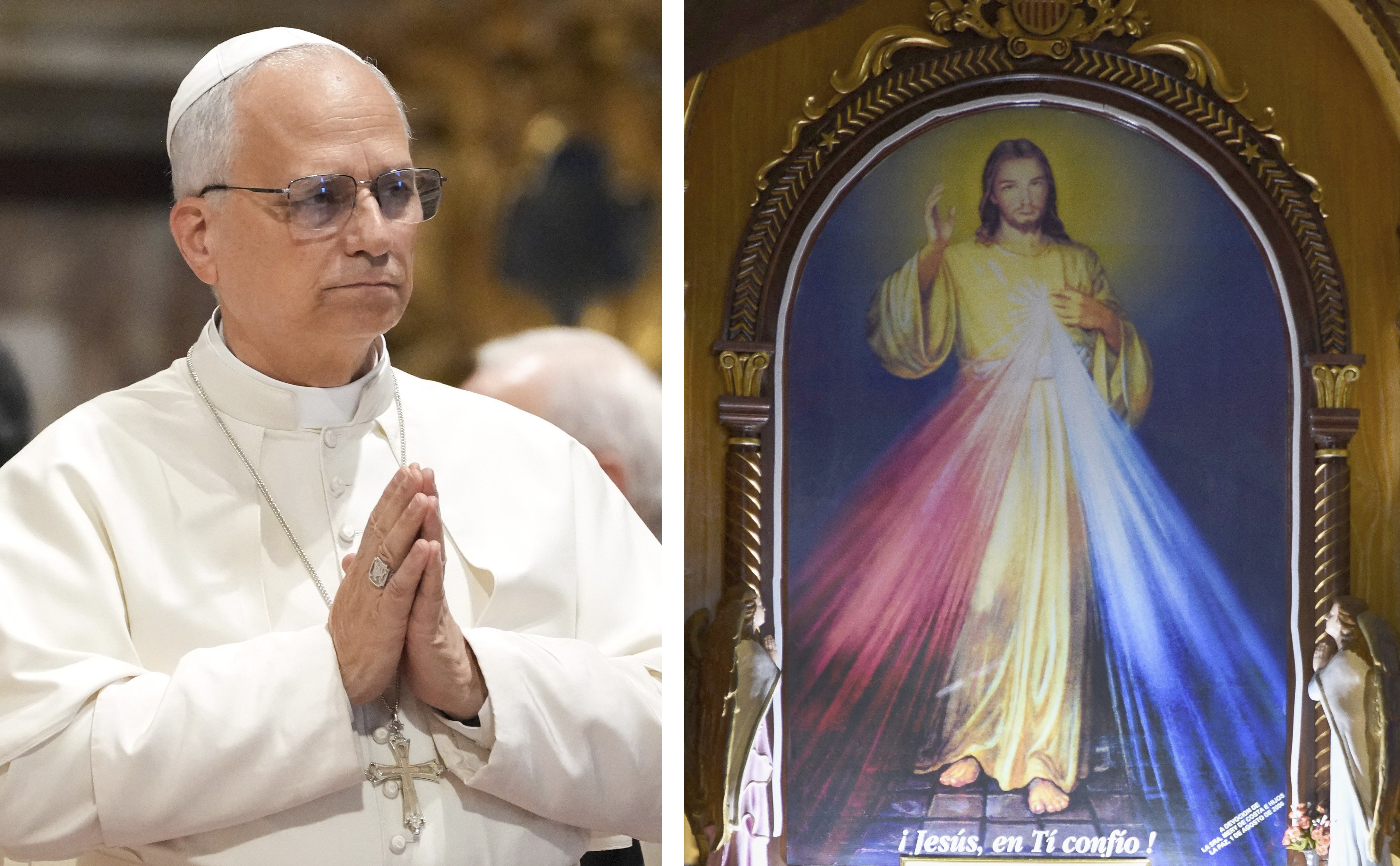 Pope Leo XIV is pictured gesturing in prayer at the Vatican in a combination photo with an image of the Divine Mercy at a Catholic Church in La Paz, Bolivia. Across the U.S., united with Pope Leo, Catholics are joining with their bishops and pastors in praying for peace on the eve of Divine Mercy Sunday April 11, 2026. (OSV News photo/Lola Gomez, Claudia Morales, Reuters)