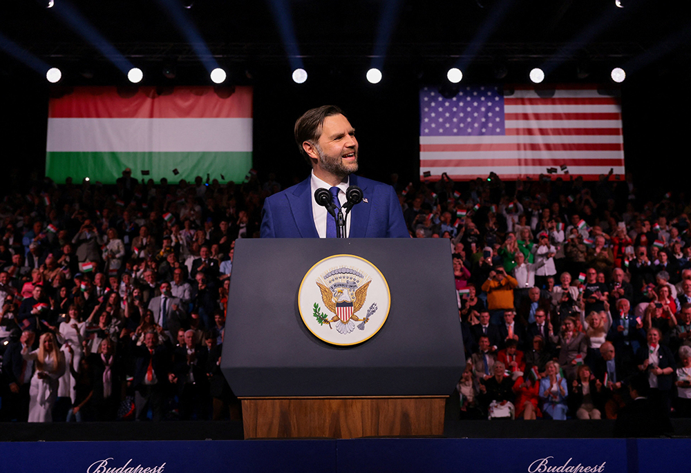 U.S. Vice President JD Vance smiles as he speaks to the crowd during a Day of Friendship event at MTK Sportpark in Budapest April 7, 2026. (OSV News/Jonathan Ernst, pool via Reuters)