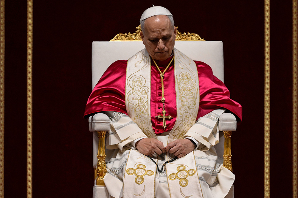 Pope Leo XIV prays the rosary for peace during an evening prayer vigil in St. Peter's Basilica at the Vatican April 11, 2026. (CNS/Vatican Media)