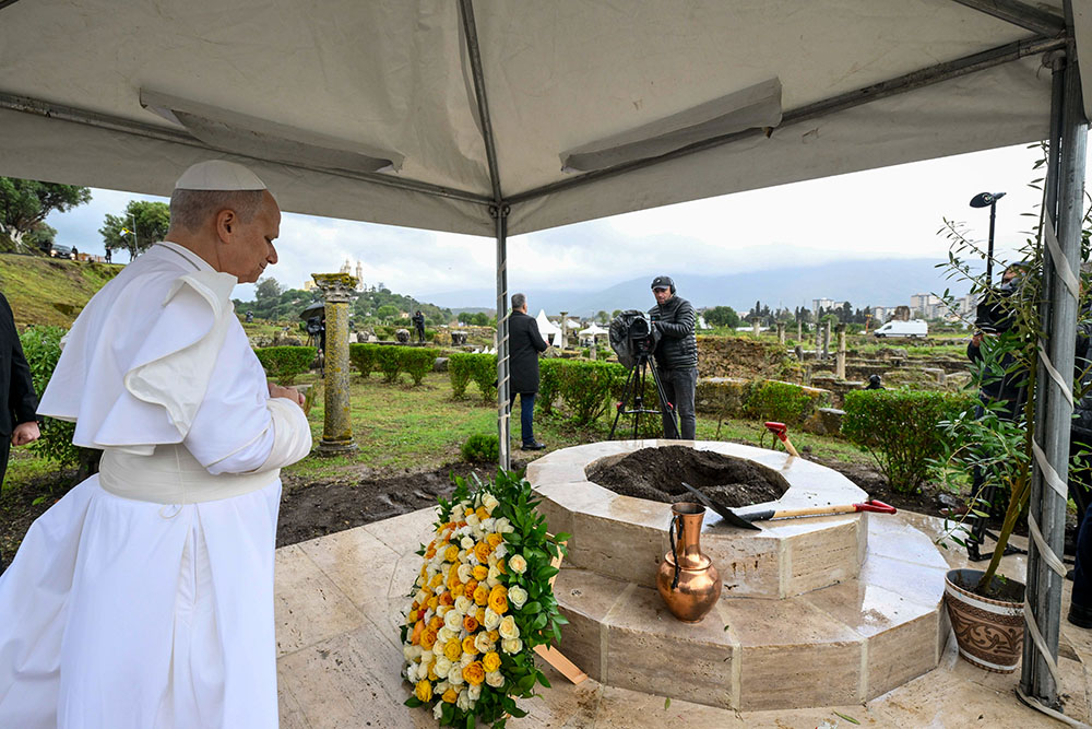 Pope Leo XIV prays as he visits the archaeological site of Hippo Regius, the city where St. Augustine was bishop in 395-430, in Annaba, Algeria, April 14, 2026. (OSV News/Vatican Media/Simone Risoluti)