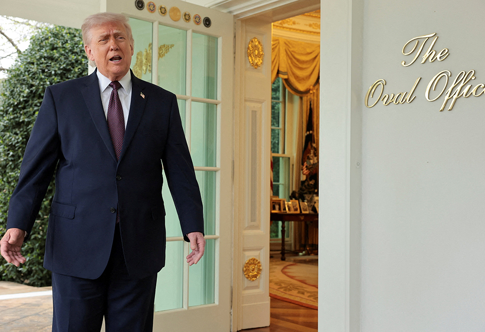 U.S. President Donald Trump speaks with reporters outside the Oval Office at the White House in Washington, April 13, 2026. (OSV News/Reuters/Jonathan Ernst)
