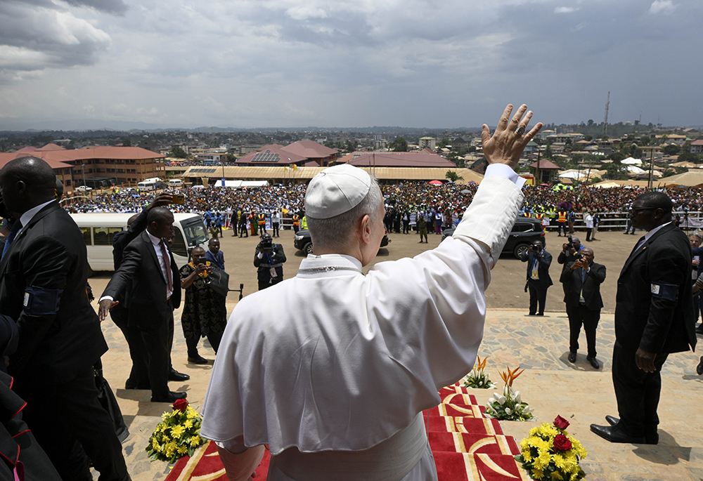 Pope Leo XIV waves after attending a Meeting for Peace at St. Joseph's Cathedral in Bamenda, Cameroon, April 16, 2026. (OSV News/Vatican Media/Simone Risoluti)