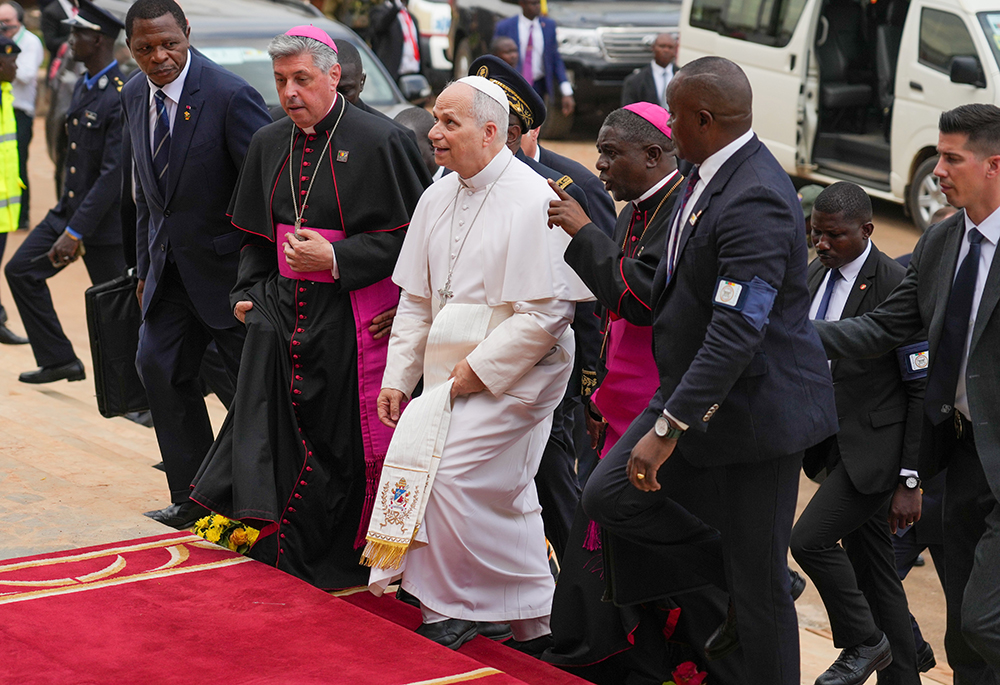 Pope Leo XIV arrives for a peace gathering at St. Joseph Cathedral in Bamenda, Cameroon, April 16, 2026. Bamenda is the largest city in Cameroon's two Anglophone regions, which have been engaged in a nine-year insurgency seeking separation from the country's Francophone regions. (CNS/Lola Gomez)