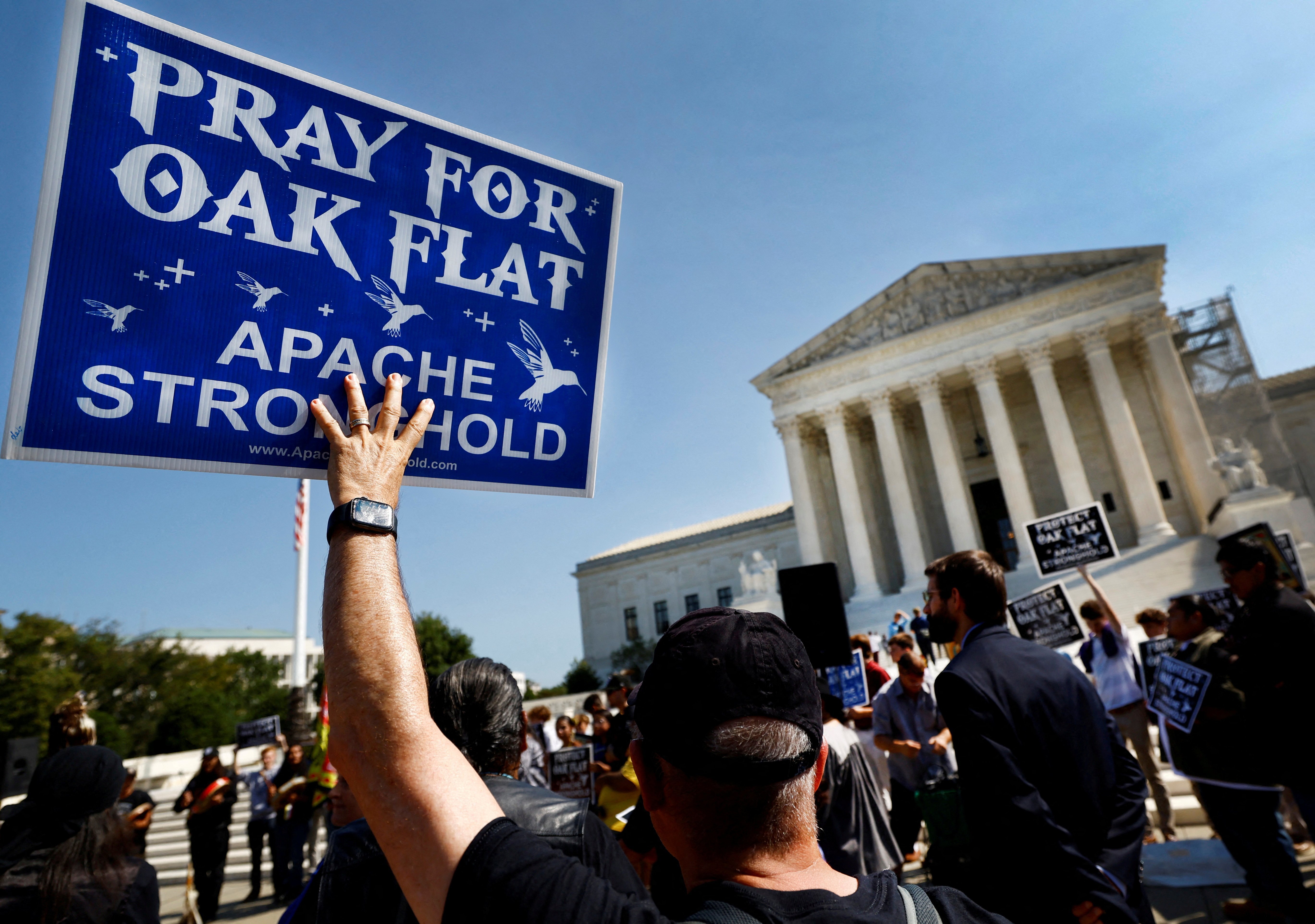 Members of Apache Stronghold protest outside the U.S. Supreme Court in Washington Sept. 11, 2024. An Indigenous coalition filed an updated lawsuit in federal district court on April 22, 2026, their latest attempt to stop a land transfer including their sacred site at Oak Flat, Ariz., from destruction by a copper mining giant. 