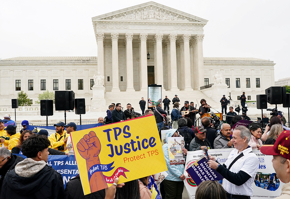 Immigrants' rights activists and demonstrators attend a rally outside the U.S. Supreme Court in Washington April 29, 2026, as justices hear arguments on whether the administration of U.S. President Donald Trump can end the temporary protected status of Syrian and Haitian nationals. (OSV News/Reuters/Nathan Howard)