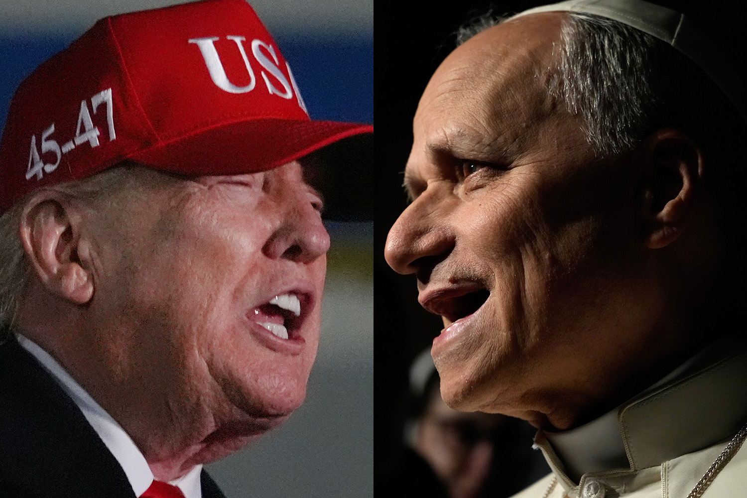 President Donald Trump on April 12, 2026, left, and Pope Leo XIV on March 31, 2026.