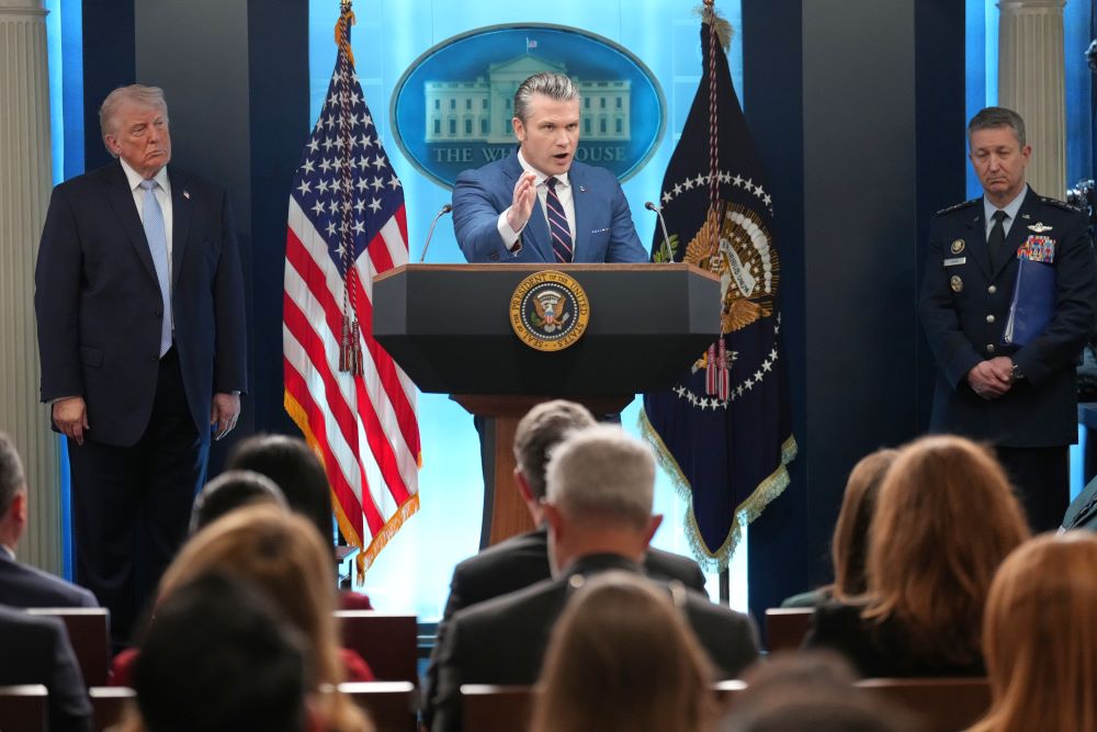 Defense Secretary Pete Hegseth speaks with reporters during a news conference with President Donald Trump and Chairman of the Joint Chiefs of Staff Gen. Dan Caine in the James Brady Press Briefing Room at the White House April 6. (AP/Mark Schiefelbein)