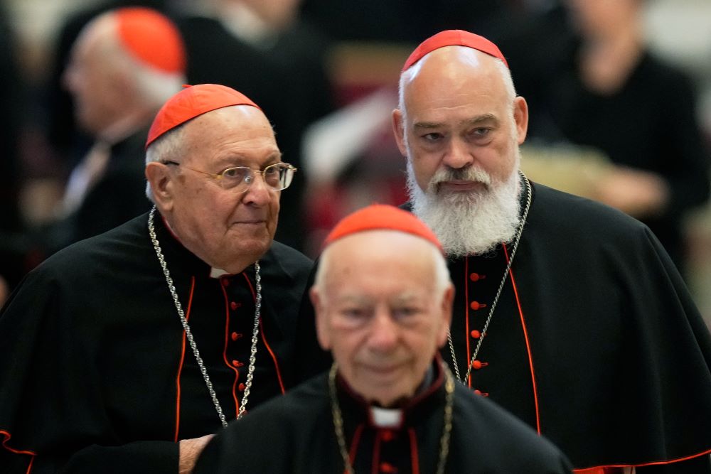 Cardinal Dominique Joseph Mathieu, archbishop of Tehran-Ispahan, Iran, top right, talks with Cardinal Leonardo Sandri prior to the start of a vigil for peace led by Pope Leo XIV inside St. Peter's Basilica at the Vatican April 11. (AP/Gregorio Borgia)