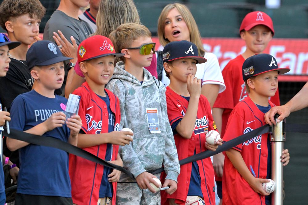 Young fans watch during batting practice before the game between the Los Angeles Angels and the Atlanta Braves at Angel Stadium in Anaheim, Calif., April 6. (OSV News/Jayne Kamin-Oncea-Imagn Images via Reuters)