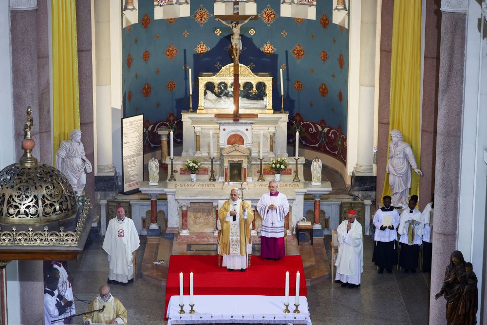 Pope Leo XIV celebrates Mass with some 1,500 people at the Basilica of St. Augustine in Annaba, Algeria, April 14, 2026. Many in attendance were African Catholics who had migrated to Algeria or had traveled there from neighboring nations for the pope's visit. (OSV News/Reuters/Guglielmo Mangiapane)